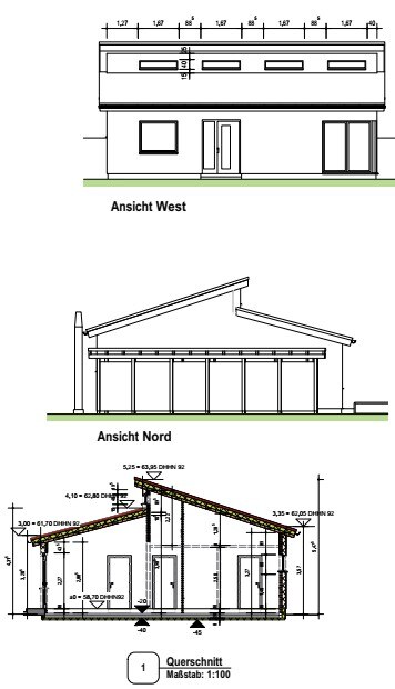 Westansicht, Nordansicht und Querschnitt 1:100